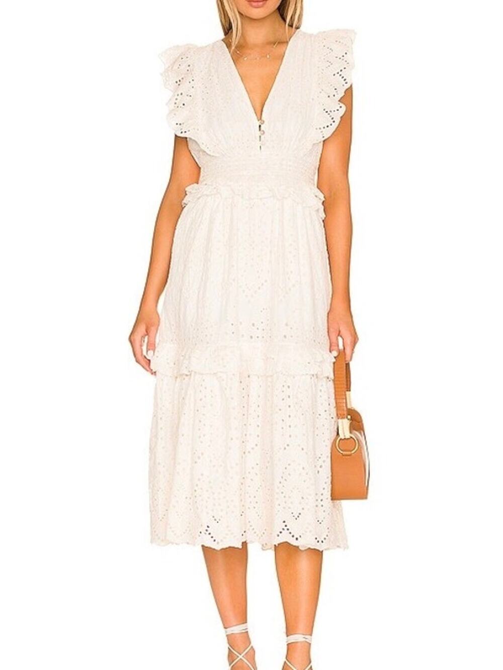 NWT Cleobella Dress Small Eyelet Ruffle Ivory Boho Puff Sleeves Midi Cherie